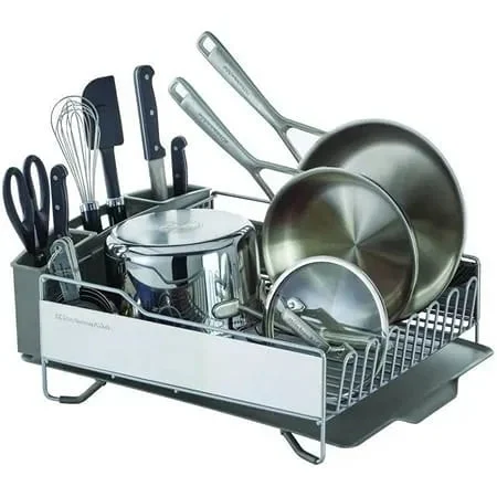 KitchenAid Large Capacity Full Size Rust Resistan Dish Rack with Self Draining Angled Drain Board and Removable Flatware Caddy Light Grey Gray