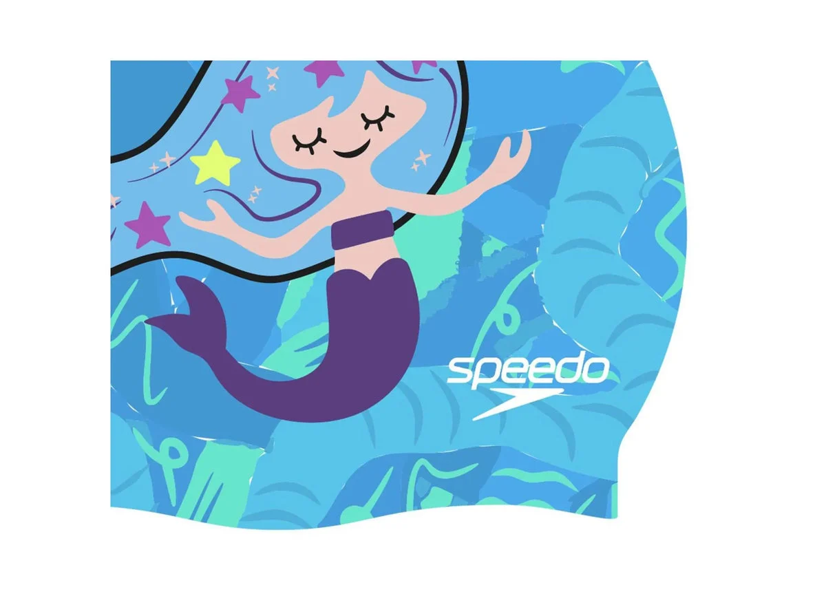 Speedo Kids' Printed Character Silicone Swim Cap - Blue Cosmic Mermaid