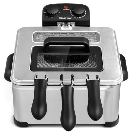 COSTWAY Electric Deep Fryer 5.3QT/21-Cup Stainless Steel 1700W With Triple Basket