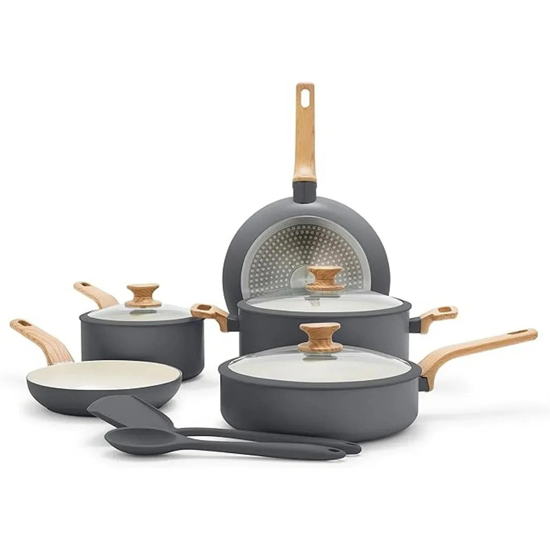 GreenPan Essence 10-Piece Ceramic Nonstick Cookware Set - Gray with wood-look handles.