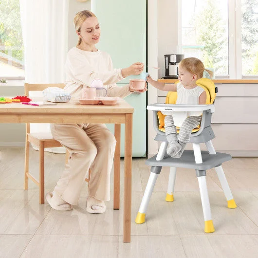 COSTWAY 6-in-1 Convertible Baby High Chair With Adjustable Removable Tray-Yellow