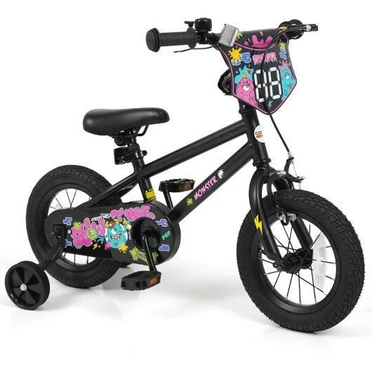 COSTWAY 12 Inch Kids Bike With Training Wheels for Ages 3-4 Years Old Black- Street Art Time