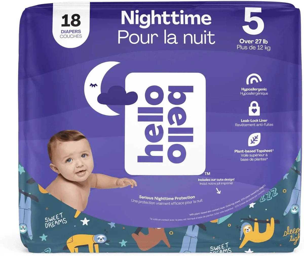 Hello Bello 18ct Premium Overnight Baby Diapers Size 5 - Sleepy Sloths