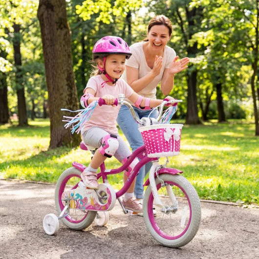 COSTWAY 14-Inch Kids Bike Adjustable With Basket and Streamers Rose Red - Princess of the Sea Theme