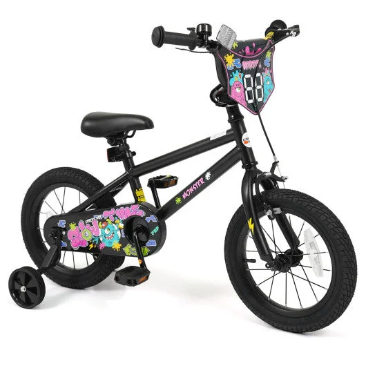 COSTWAY 14 Inch Kids Bike With Training Wheels for Ages 3-5 Years Old Black- Street Art Time