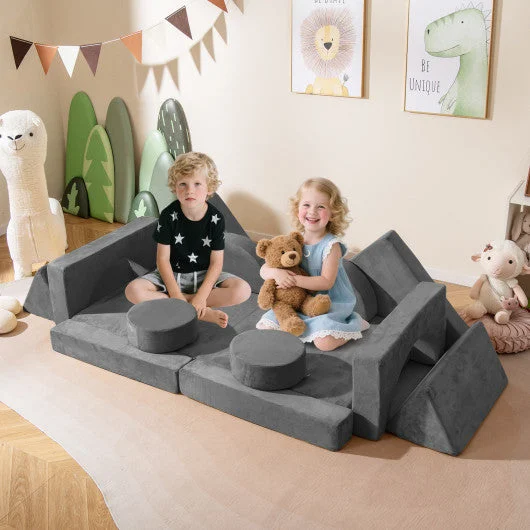 COSTWAY 14 PCS Modular Kids Play Couch for Playroom and Bedroom-Gray