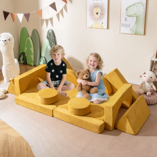 COSTWAY 14 PCS Modular Kids Play Couch for Playroom and Bedroom-Yellow