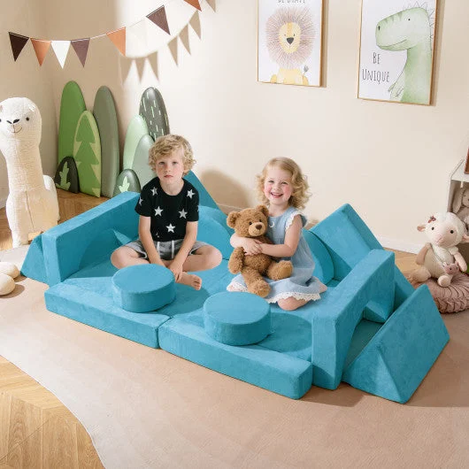 COSTWAY 14 PCS Modular Kids Play Couch for Playroom and Bedroom-Blue