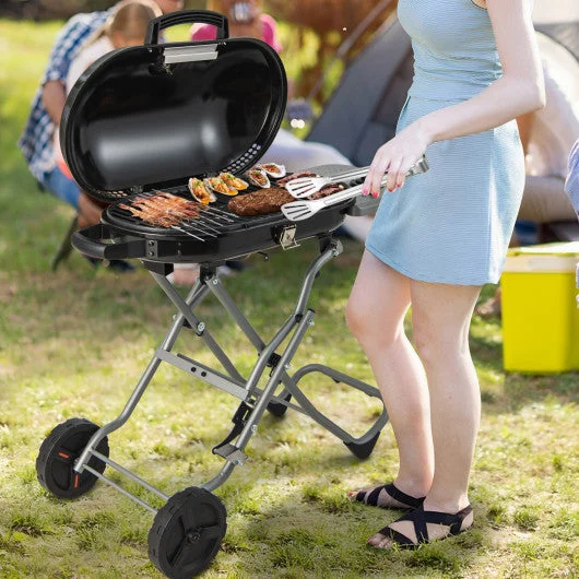 COSTWAY 15000 BTU Portable Propane BBQ Grill With Wheels and Side Shelf-Black