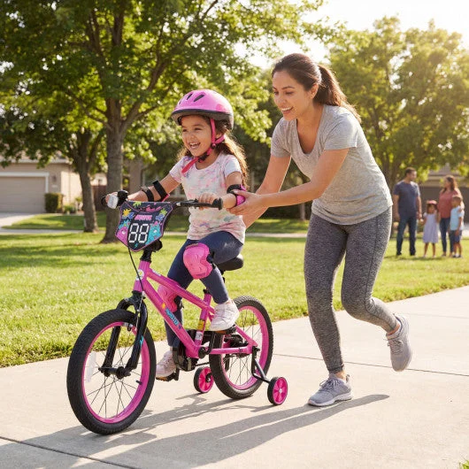 COSTWAY 18 Inch Kids Bike With Training Wheels for Ages 4-8 Years Old Pink- Street Art Time