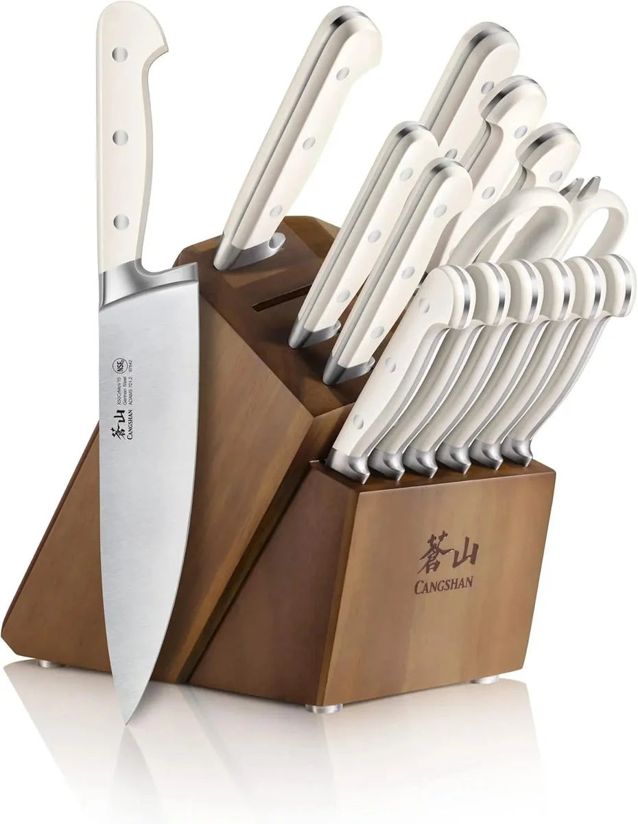 Cangshan Adams Series German Steel Forged 15-Piece Knife Block Set, White