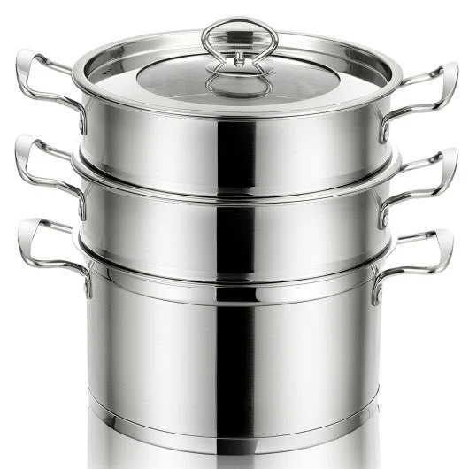 COSTWAY 2/3 Tier Stainless Steel Steamer With Handles and Glass Lid-3-Tier