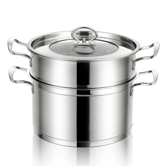 COSTWAY 2/3 Tier Stainless Steel Steamer With Handles and Glass Lid-2-Tier