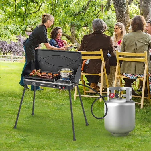 COSTWAY 2-in-1 Gas Camping Grill and Stove With Detachable Legs-Black