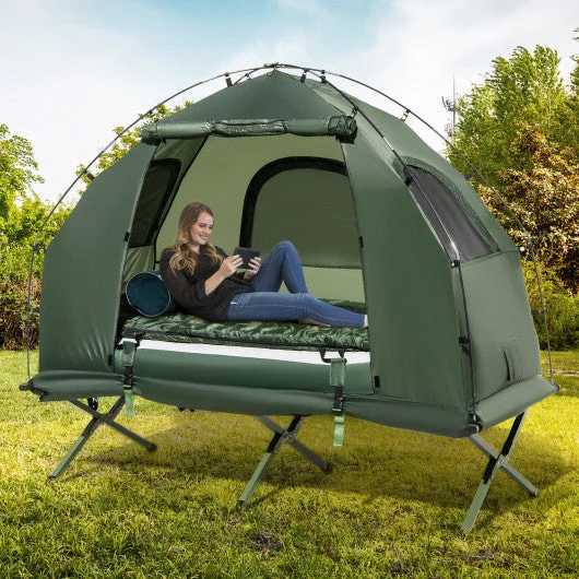 COSTWAY 1-Person Folding Camping Tent With Sunshade and Air Mattress
