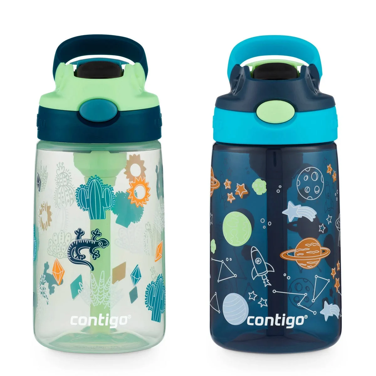 Contigo 14oz 2pk Plastic Cleanable Kids' Water Bottles Green/Blue: Leakproof Toddler Straw Cups, Dishwasher-Safe