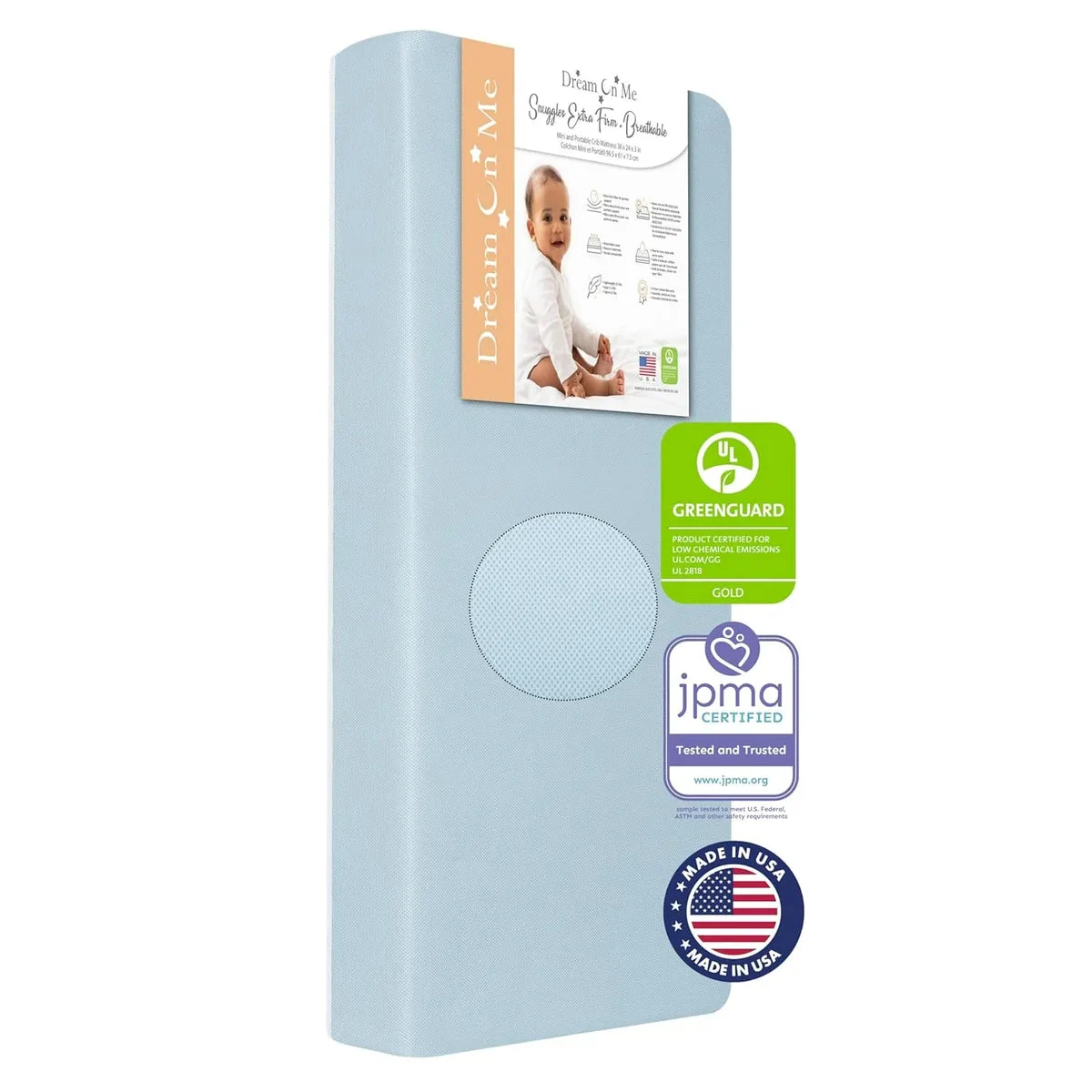 Dream On Me Snuggles Extra Firm Fiber Portable and Mini Crib Mattress - Blue Mist