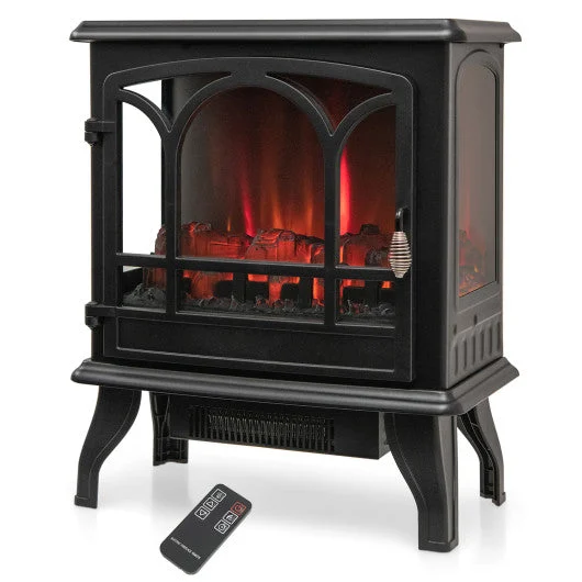 COSTWAY 1400W Electric Stove Heater With 3-Level Flame Effect and 3-Sided View-Black