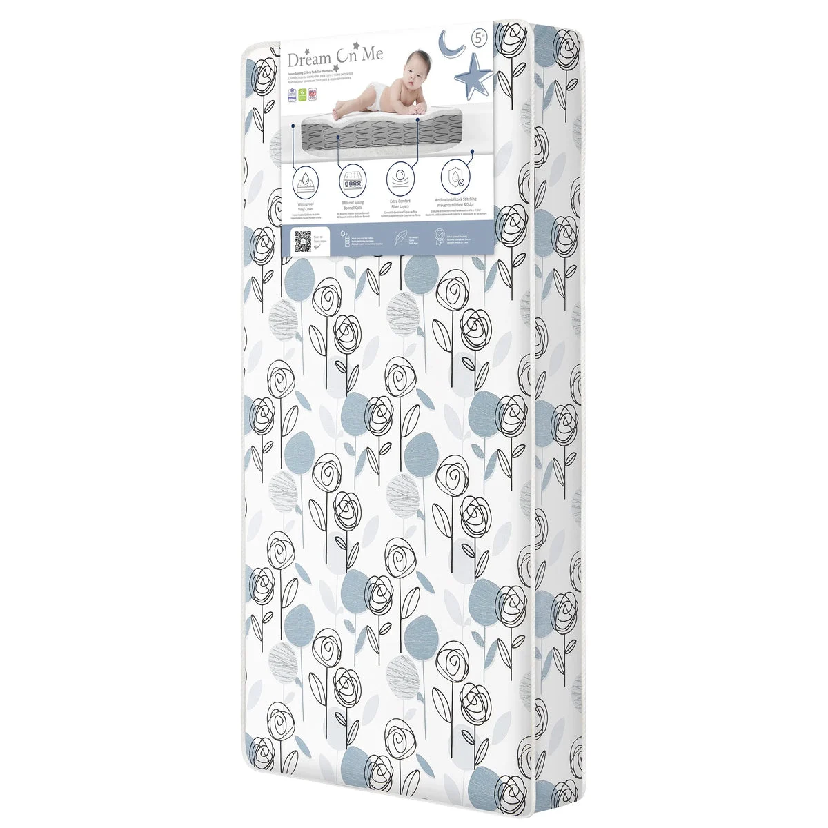 Dream On Me Crib and Toddler Mattress - Teal Flowers