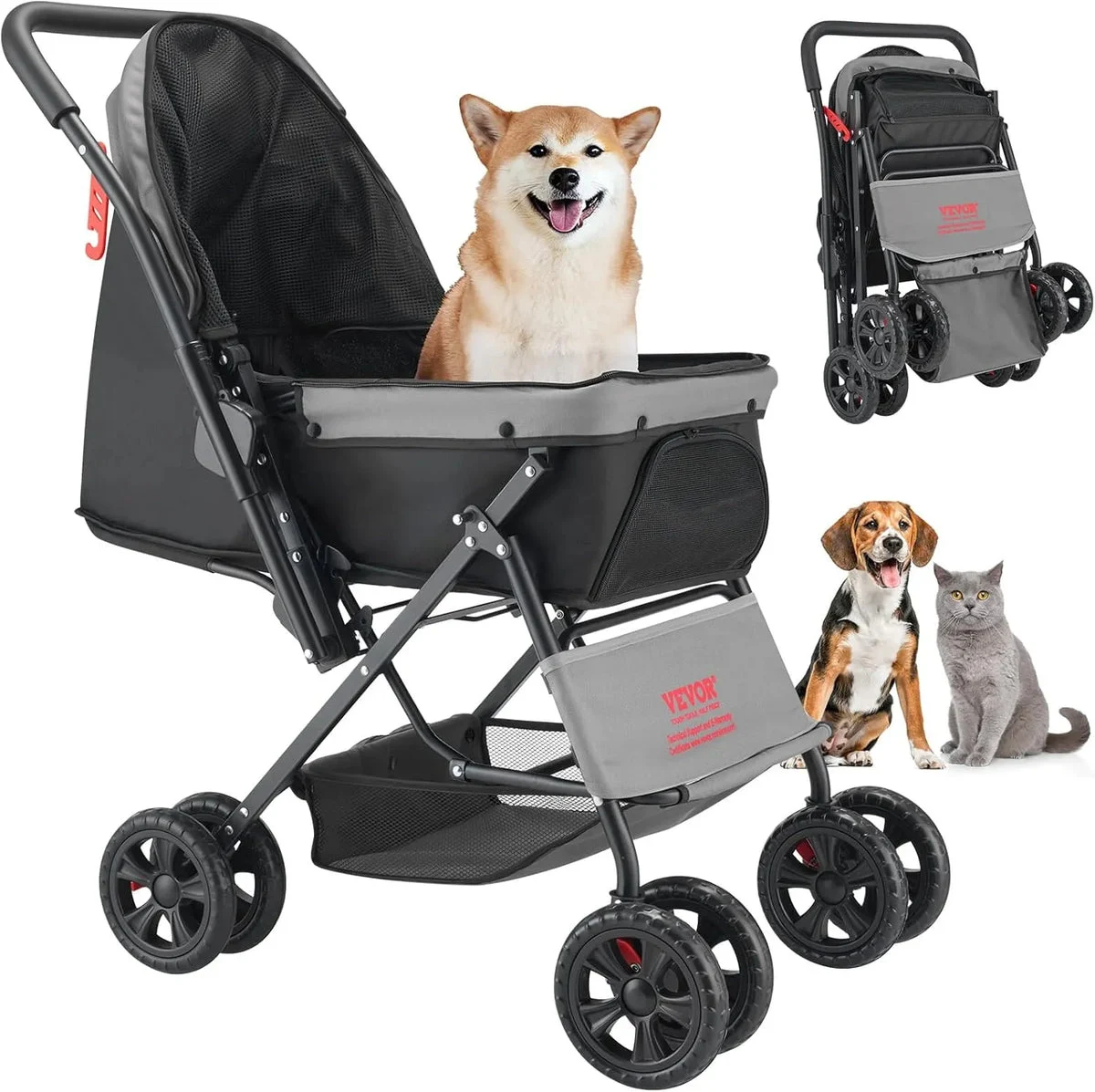 VEVOR Foldable Pet Stroller - Black/Gray