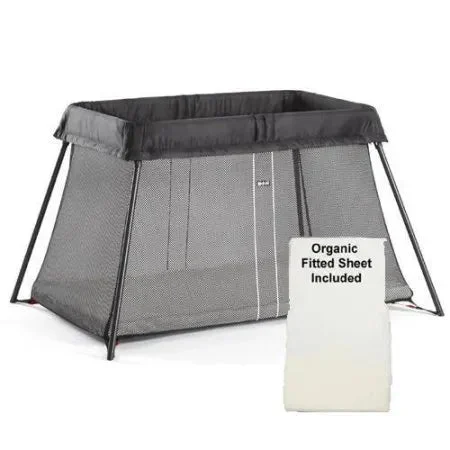 BabyBjörn Baby Bjorn Travel Crib Light with Organic Fitted Sheet Kit - Black Mesh