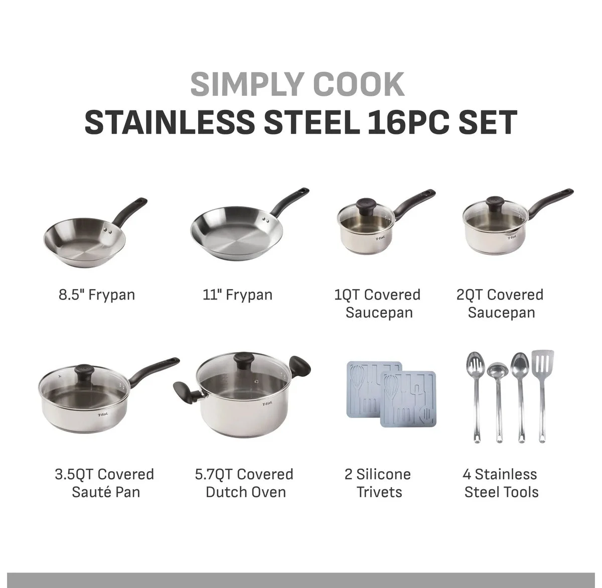 T-Fal Stainless Steel Cookware Set - 16 Piece