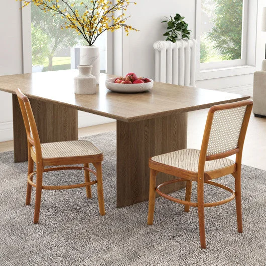 COSTWAY Set of 2 Boho Dining Chairs Rattan With Teak Wood Structure and Footrests