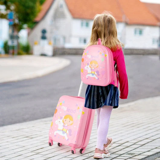COSTWAY 2 PCS Kid Luggage Set With Spinner Wheels for Children Boys Girls-Pink