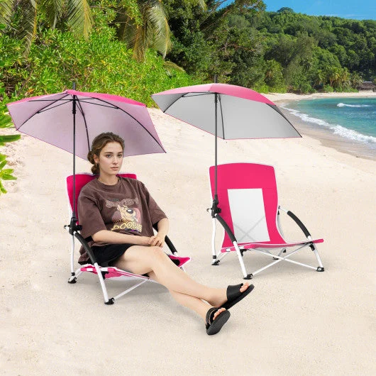 COSTWAY 2 Pack Beach Umbrella Chair for Adults With Adjustable Parasol-Pink