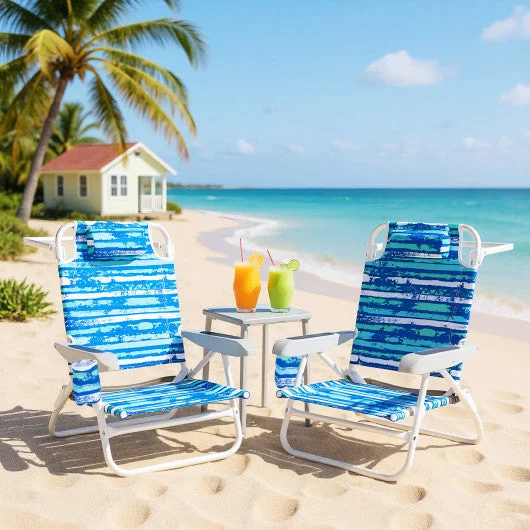 COSTWAY 2 Pack Folding Beach Chair With Adjustable Positions and Head Pillow-Blue