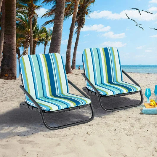 COSTWAY 2 Pack Low Folding Beach Chairs for Adults With Cushion-Blue