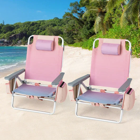 COSTWAY 2 Pieces Folding Backpack Beach Chair With Pillow-Pink
