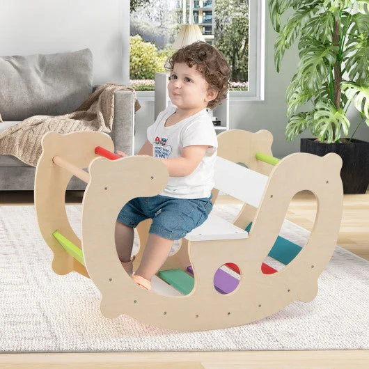 COSTWAY 2-in-1 Rocking Horse Arch for Kids Montessori Climbing Toys With Arch Climber-Multicolor