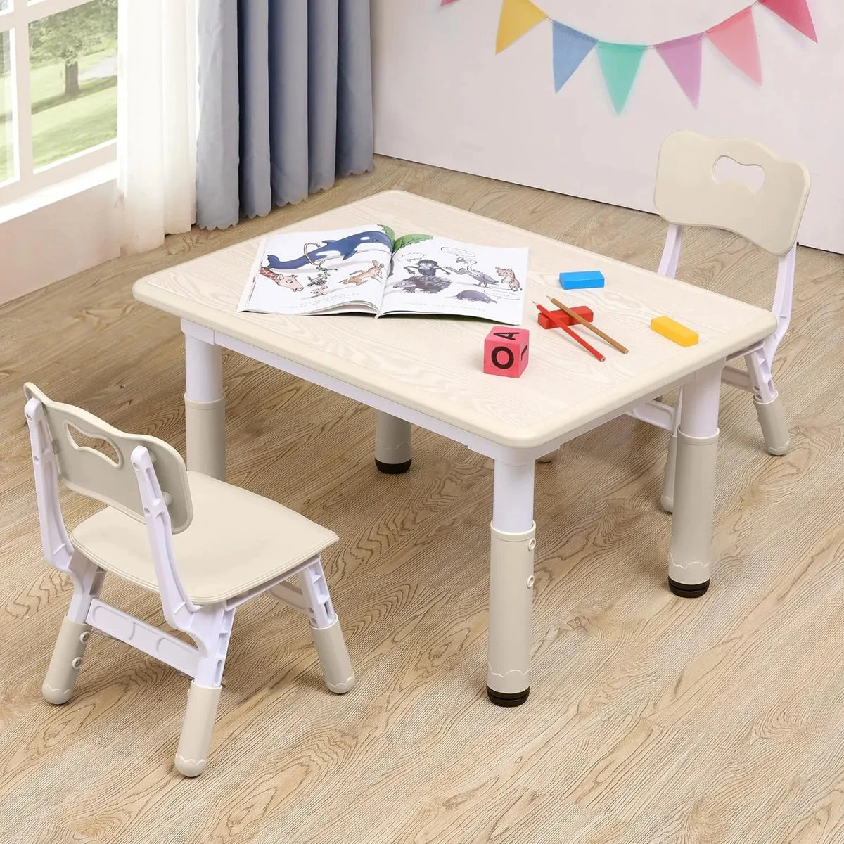 CuFun Adjustable Kids Table & Chairs Set - 2 Chairs Natural-wood