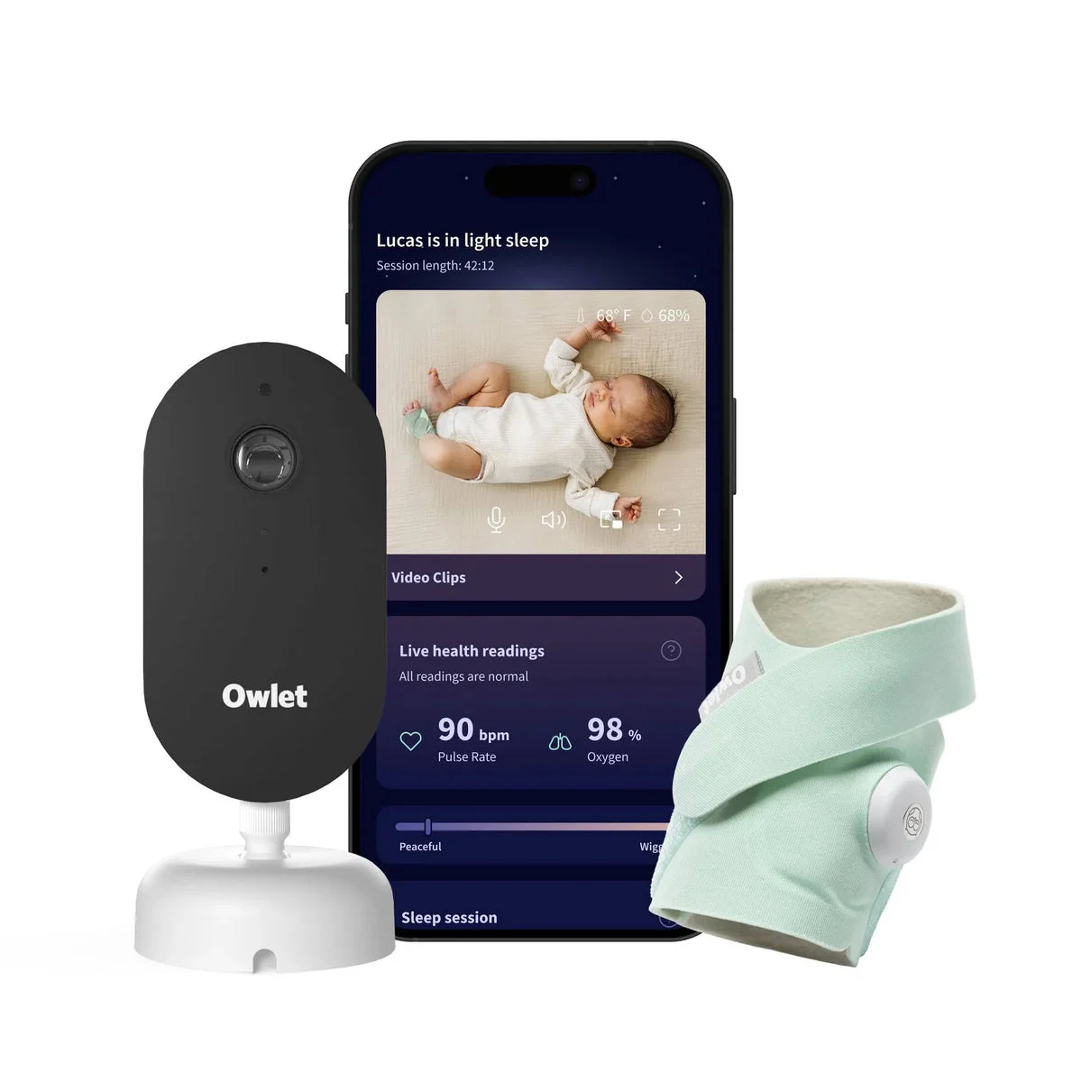 Owlet Dream Duo Gen 3 All-in-One Smart Baby Breathing and Movement Monitoring Bundle with Sock & 2K HD Cam - Mint