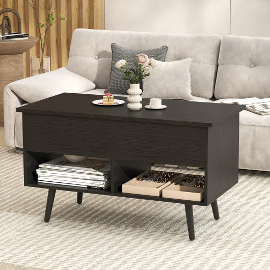 COSTWAY 31.5 Inch Lift Top Coffee Table With Hidden Compartment and 2 Storage Shelves-Black