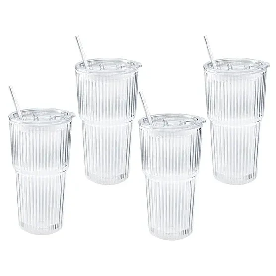 Mesa Ribbed 20 oz. Glass Cups with Lids and Straw, 4-pack