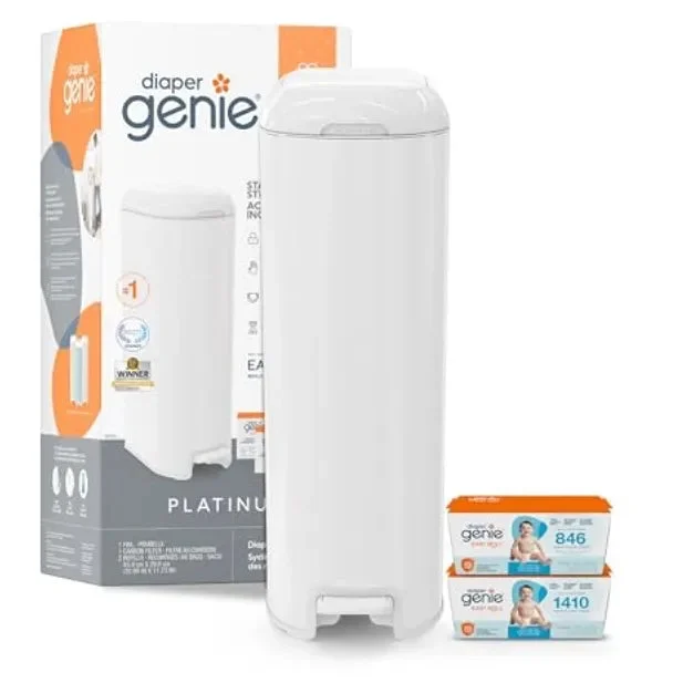 Diaper Genie Platinum Pail Gift Set, Lily White, Made of Durable Stainless Steel and Includes 2 Easy Roll Refills with 18 Bags and 30 Bags