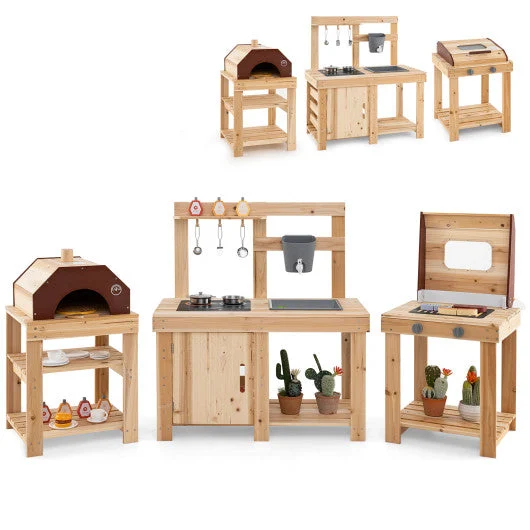 COSTWAY 3-Piece Outdoor Kitchen Set Mud Kitchen With Separate BBQ Grill and Pizza Oven-Natural