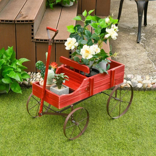 COSTWAY Wooden Wagon Plant Bed With Wheel for Garden Yard-Red