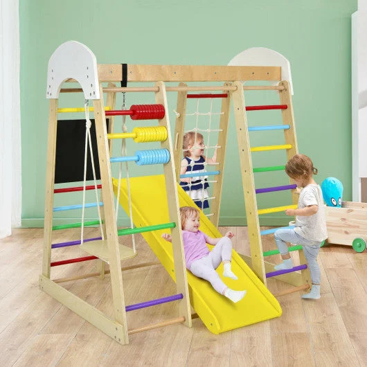 COSTWAY Indoor Playground Climbing Gym Wooden 8-in-1 Climber Playset for Children-Multicolor