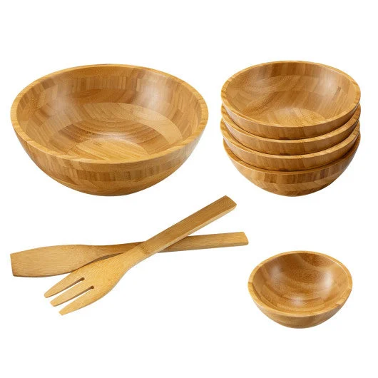 COSTWAY 8 Pieces Bamboo Salad Bowl Set With Server Utensils-Natural