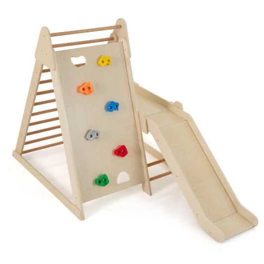 COSTWAY 3-in 1 Jungle Gym Indoor Playground With Extended Slide for Toddlers-Natural
