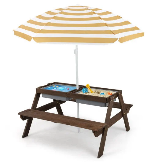COSTWAY 3-in-1 Kids Outdoor Picnic Water Sand Table With Removable Umbrella and Boxes-Coffee