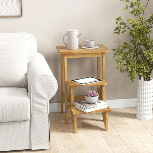 COSTWAY 3-in-1 Rubber Wood Step Stool With Convenient Handle-Natural