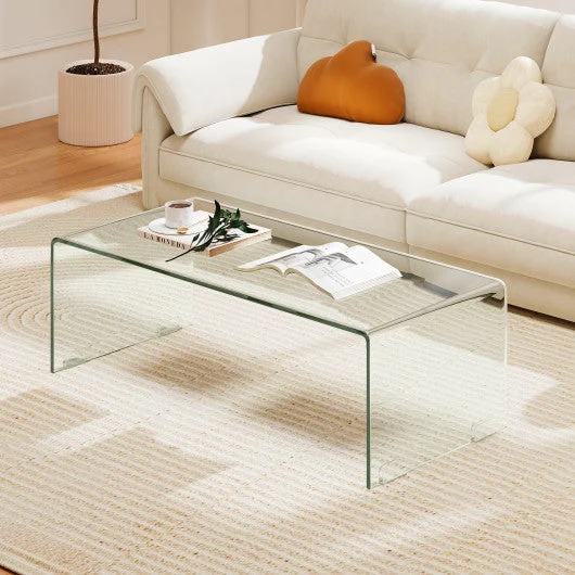COSTWAY 42 X 19.7 Inch Clear Tempered Glass Coffee Table With Rounded Edges-Transparent