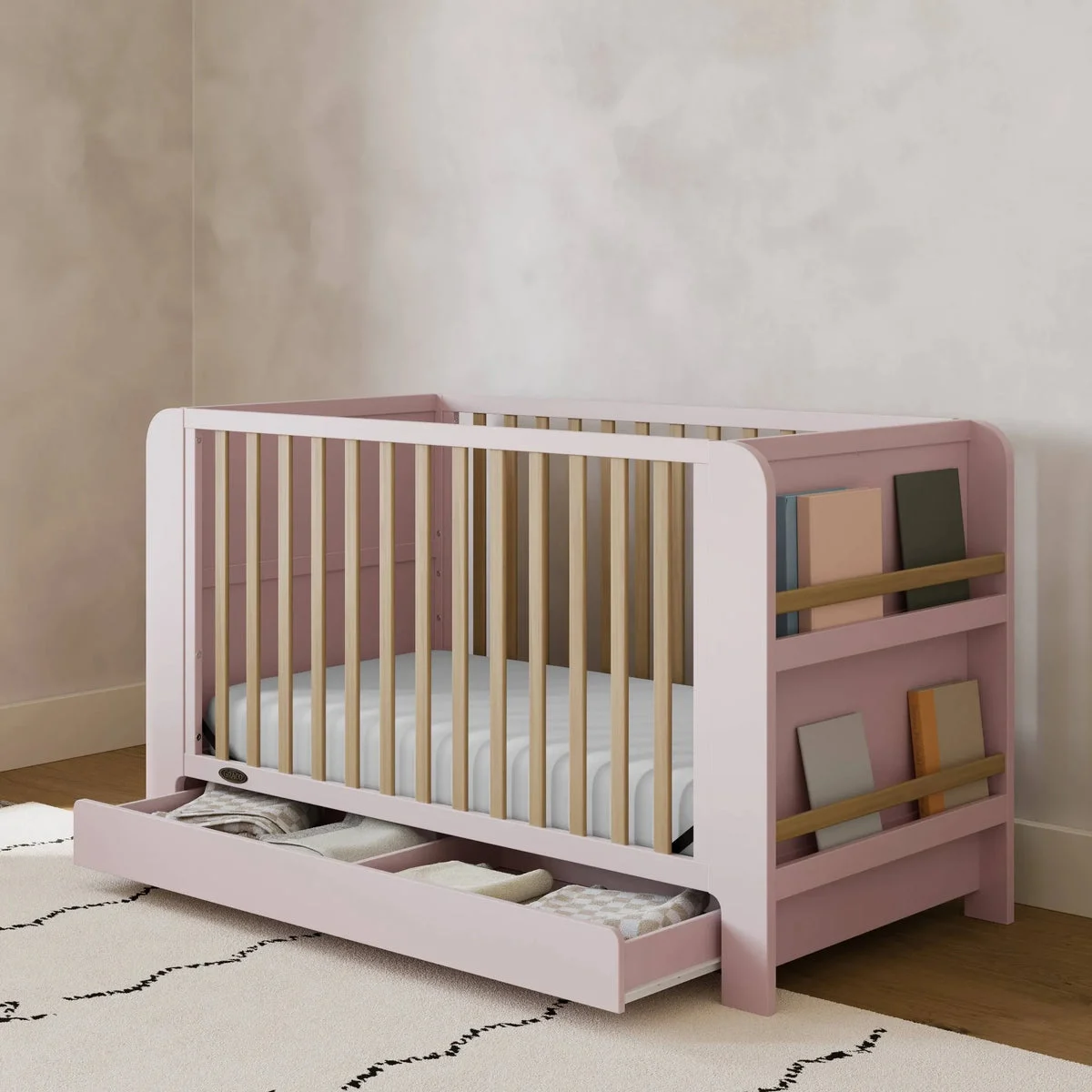 Graco 4-in-1 Convertible Bookshelf Crib with Drawer - Blush/Driftwood