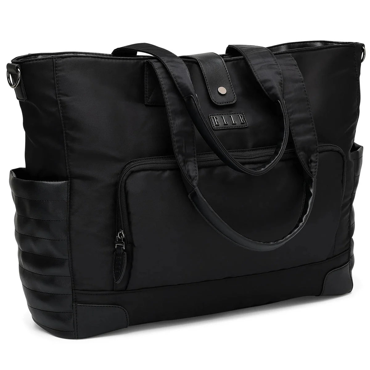 ELLE Luggage Twill and Vegan Leather Weekender Tote Bag - Black