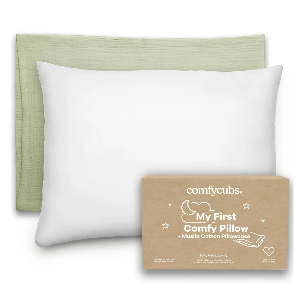 Comfy Cubs Toddler Pillow with Muslin Pillowcase - Sage