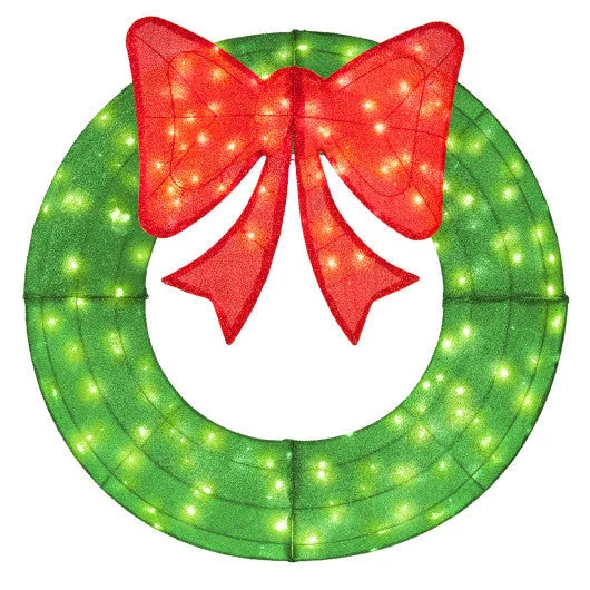 COSTWAY 48 Inch Pre-Lit Lighted Christmas Mesh Wreath With Bow and 200 LED Bulbs-Green